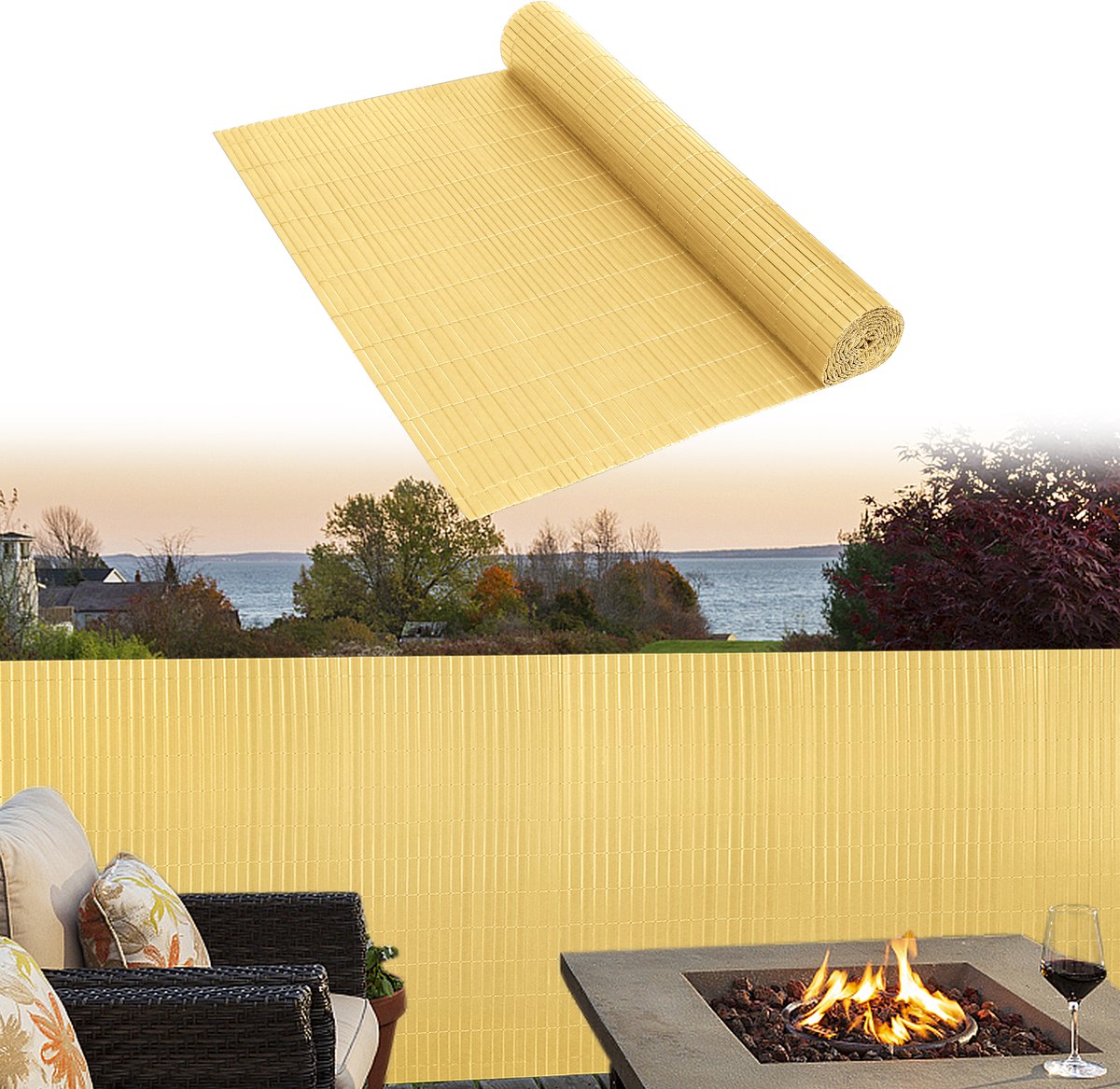 Aufun PVC Balkon Scherm Mat - Privacy Schutting Waterdicht - Versterkte Lamellen Met Kabelbinders - Inkijkdicht Balkonafscheiding - Bamboe - 120x300cm