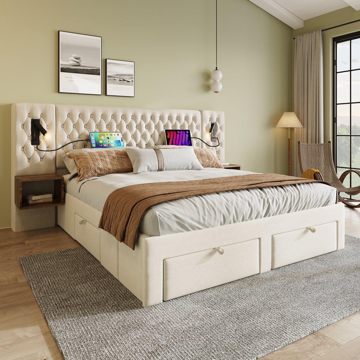 Zubaliya Slaapkamer Bedset 160x200 cm - Fluweel Tweepersoonsbed Met Leeslamp & USB Oplaad - 2 Nachkastjes & 4 Laden Beige (Zonder Matras) Lichtbruin