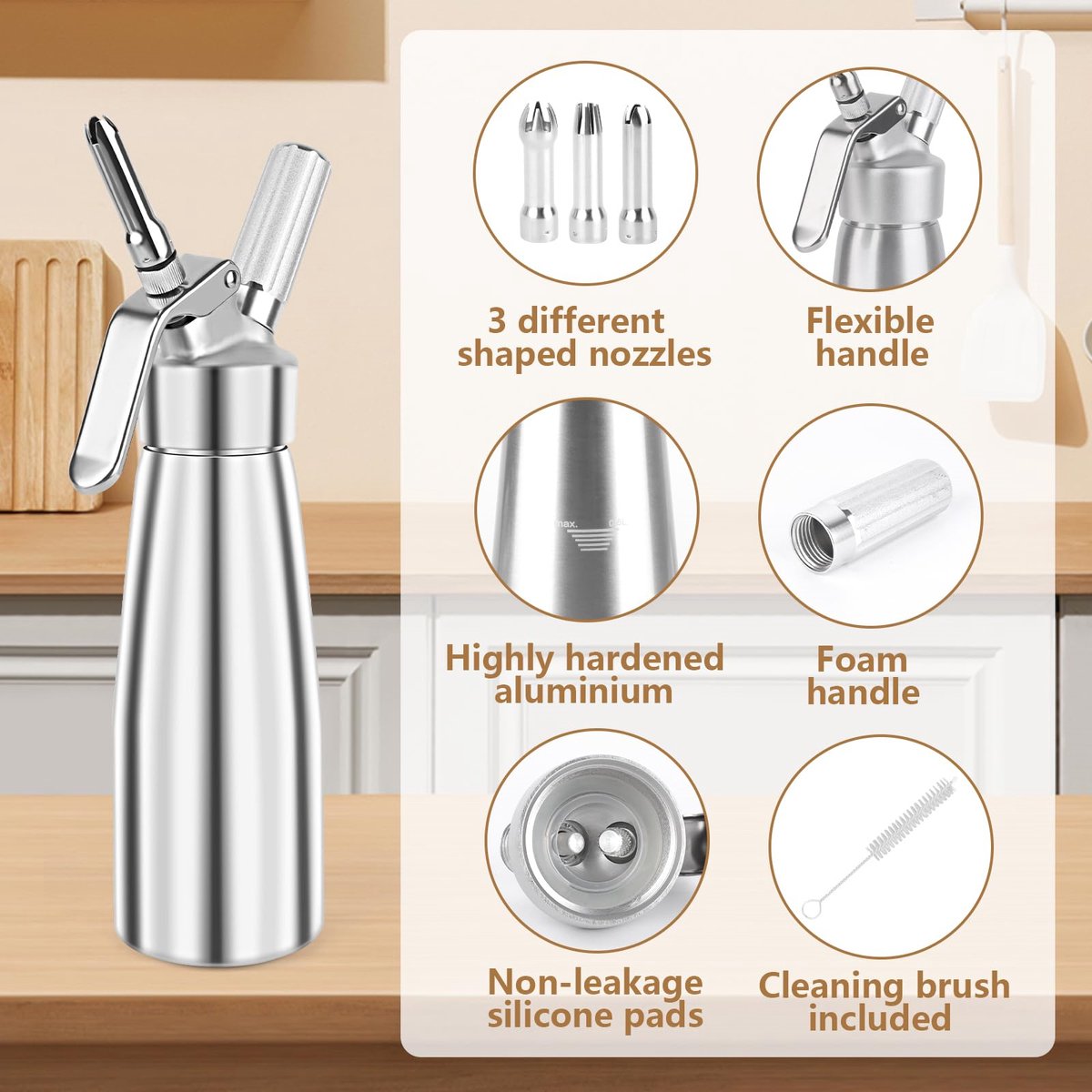 Gigicial Boter- of roomsifon - Voor creatieve recepten en het bewaren van slagroom - 1 stuk - Geschikt voor warme en koude gerechten + zilver