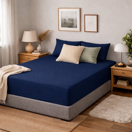 Saphira COMFORT Jersey Hoeslaken – Donkerblauw – 180x200 cm – 30 cm Matrashoogte – 100% Katoen – 360° Elastiek Rondom – Glad & Rekbaar