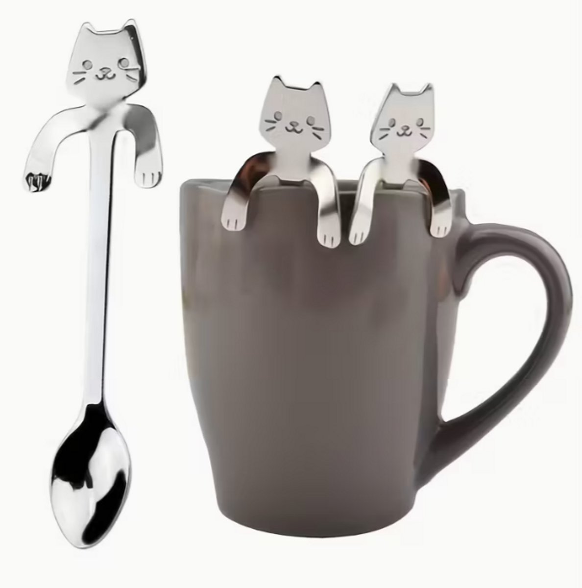 Kat koffie- en theelepel, roestvrij staal, set van 2 stuks