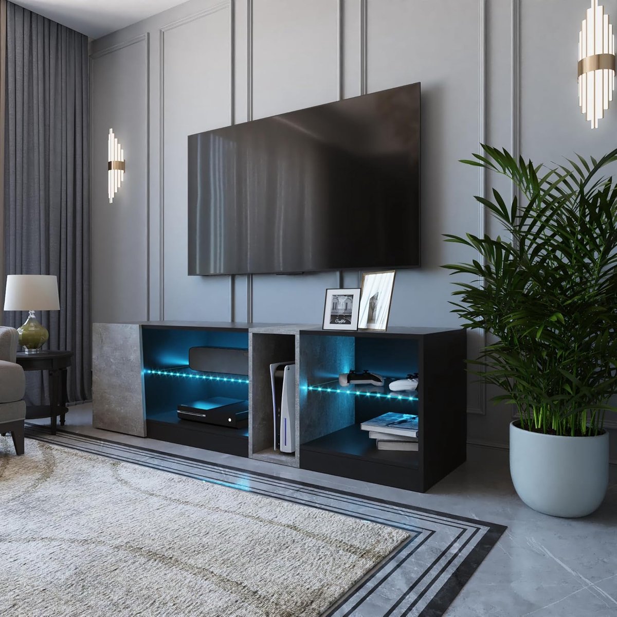 TV-meubel met LED-verlichting – Urbanhome Lumino LED TV-kast 140 cm – Modern Lowboard met Glazen Panelen, Afstandsbediening, 5 Open Vakken & 1 Deur – Zwart/Grijs