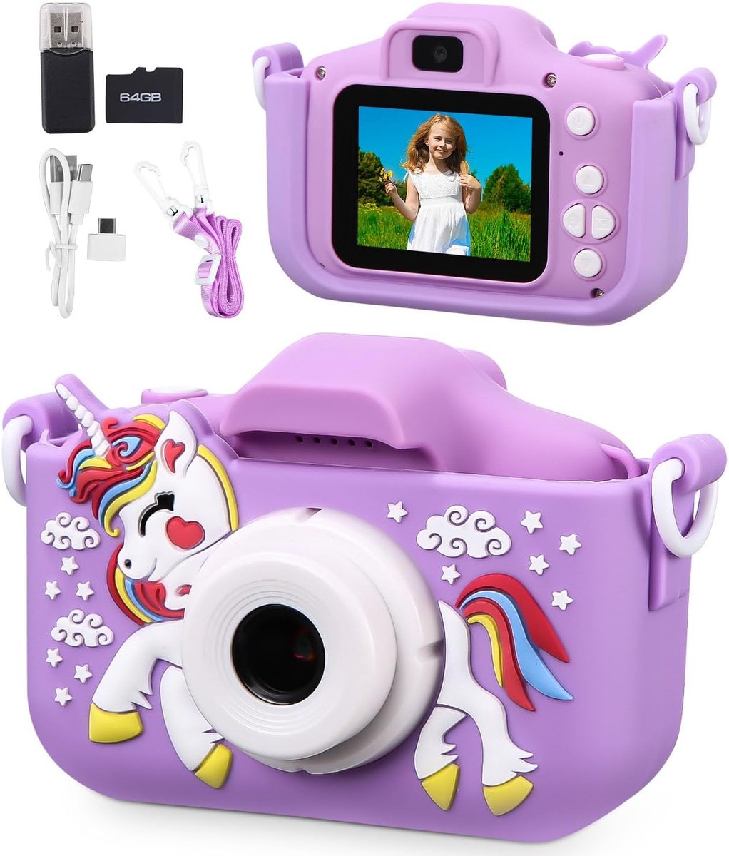 Kindercamera - 2-inch digitale camera voor kinderen - mini oplaadbare camcorder speelgoedcamera - geschikt voor jongens en meisjes van 3-10 jaar - 1080p HD-video - 64 GB SD-kaart - speelgoedcamera voor kinderen