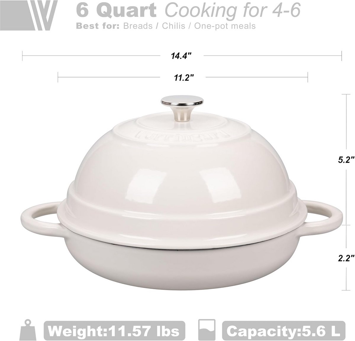 Geëmailleerde gietijzeren Nederlandse ovenpan met deksel 6 liter wit