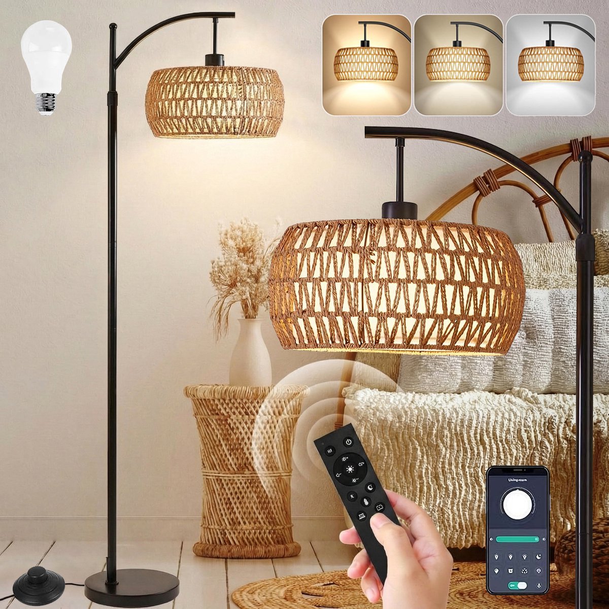 MUPOO LED Leeslamp - Boho Vloerlamp - 175CM Staande lamp Slaapkamer - Rotan & Stoffen Lampenkap - met E27 lichtbron - 3 kleurtemperaturen - Traploos dimbaar - met afstandsbediening & APP & Voetschakelaar