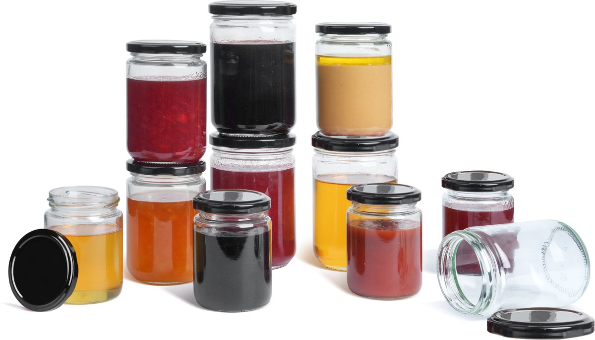 Froadp 350ML Met Deksel Marmeladekruiken 24 Stuks, Glazen Bewaarpotten Set met Etiketten, Stift, Spatel en Vork voor Voedselopslag, DIY, Cadeaus, Decoratie - Zwart