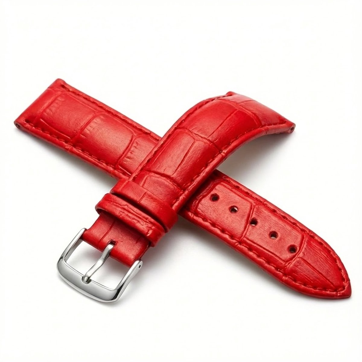 Rood horlogebandje 14 mm geschikt voor dames en heren met krokodillenlook structuur en zilverkleurige gesp, smal vervangend horloge bandje met stiksel