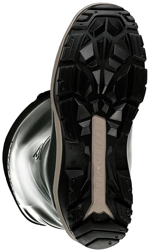 Zool van een groene Dunlop regenlaars met diep profiel.