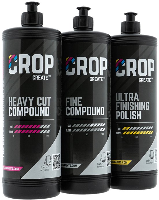 Trois bouteilles noires de produit de polissage CROP : Heavy Cut Compound, Fine Compound et Ultra Finishing Polish.