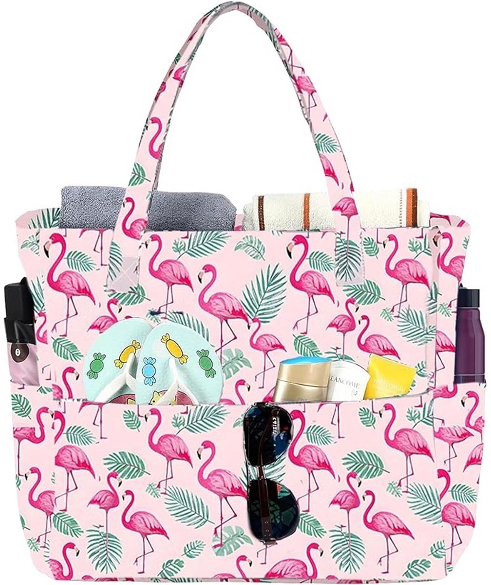 Grote strandtas met flamingo's - Roze/groen - Opbergtas met ritssluiting - Strandtas, zomertas, badtas voor het strand, vakantie en zwembad - Flamingoprint - XXL schoudertas met meerdere vakken