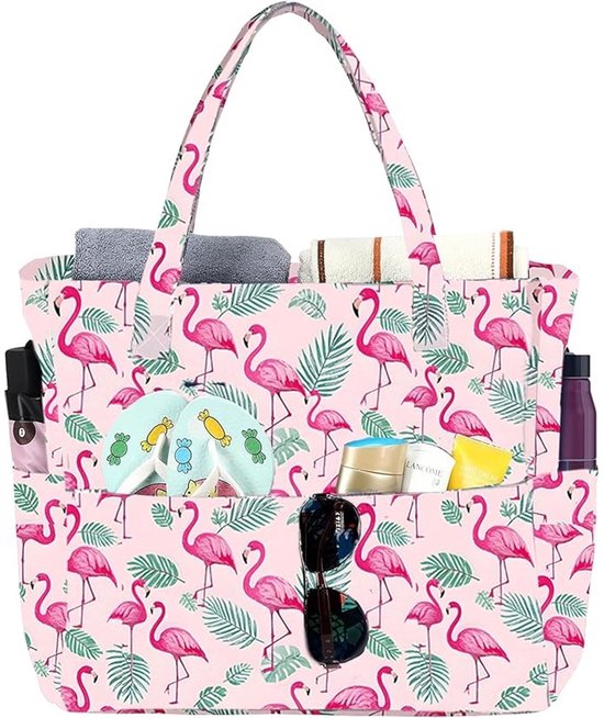 Grote strandtas met flamingo's - Roze/groen - Opbergtas met ritssluiting - Strandtas, zomertas, badtas voor het strand, vakantie en zwembad - Flamingoprint - XXL schoudertas met meerdere vakken