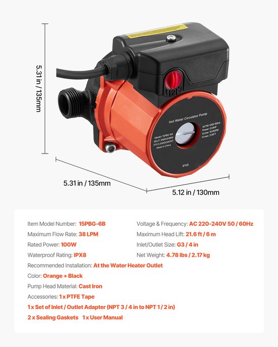 Warmwaterrecirculatiepomp, 38 l/min, instant circulatiesysteem met 3 snelheidsinstellingen, 100 W, AC 220-240 V, G3/4 naar G1/2 adapter, duurzame gietijzeren kop, geschikt voor boilersystemen van KolerFlo — afbeelding 2