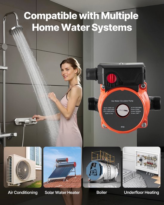 Warmwaterrecirculatiepomp, 38 l/min, instant circulatiesysteem met 3 snelheidsinstellingen, 100 W, AC 220-240 V, G3/4 naar G1/2 adapter, duurzame gietijzeren kop, geschikt voor boilersystemen van KolerFlo — afbeelding 5