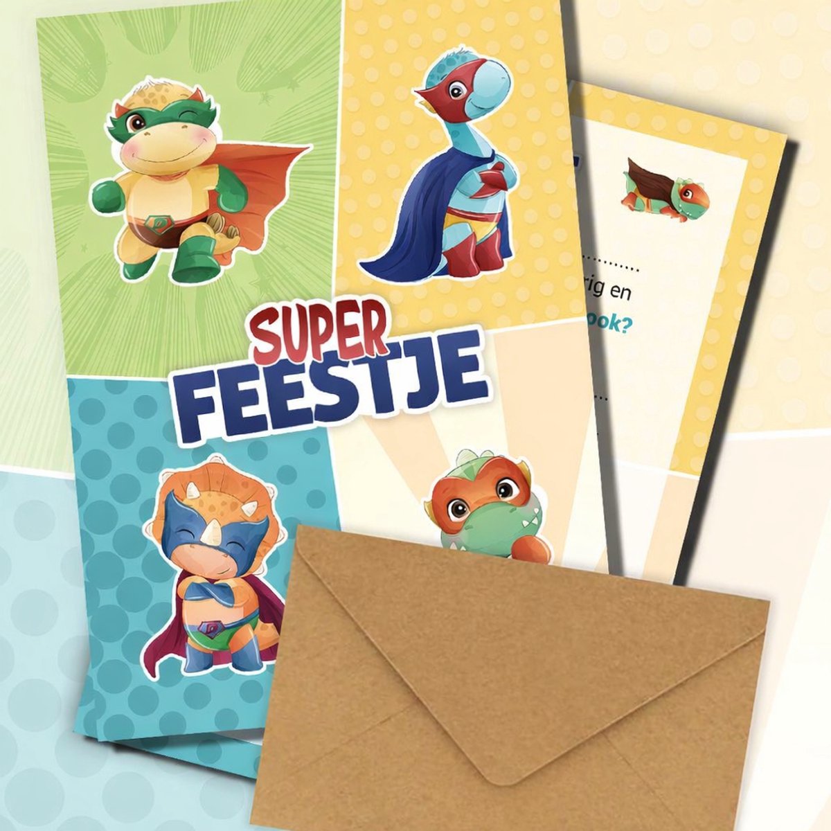 Uitnodiging kinderfeestje + Enveloppen - Super Feestje Dino- Voordeelset 20 stuks - Super Feestje Uitnodiging verjaardag - Jongen of meisje - uitnodigingskaarten + kraft envelop - Verjaardag Feest