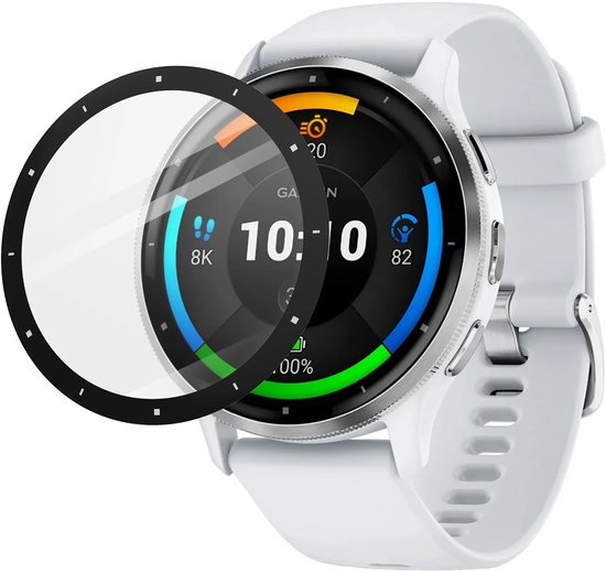 Witte smartwatch met een glazen screenprotector, zwart omrand, die boven het scherm zweeft. Het scherm toont de tijd 10:00.