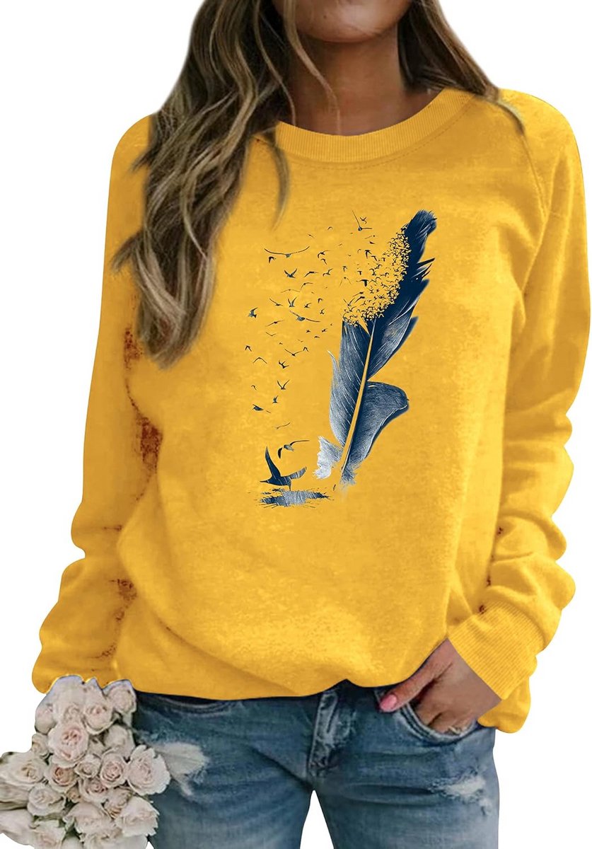 Dames Sweatshirt met Veerprint - Ronde Hals Trui Lange Mouwen voor Herfst en Winter