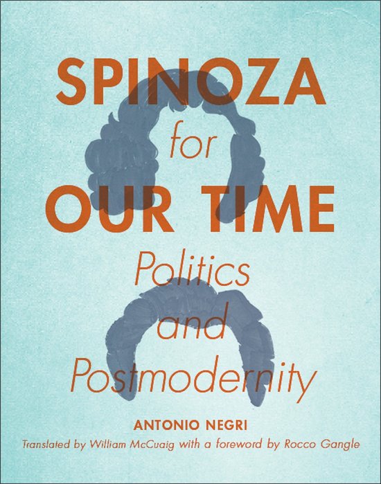 Livre "Spinoza for Our Time" avec le texte "Politics and Postmodernity" sur fond bleu clair avec le contour gris d'une tête.