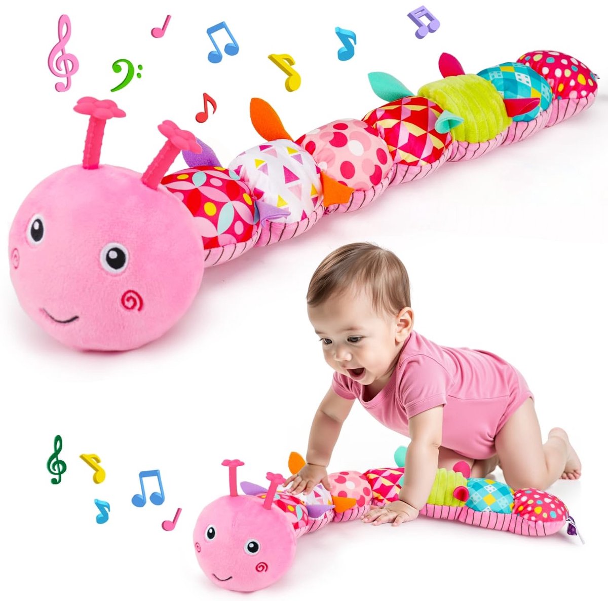 Kraftverdia Buikligtrainer Baby - Sensorisch Knuffelspeelgoed met Geluid en Bijtring & Muzikale - Pluche Rupsenthema - Geschikt vanaf 0 Maanden - Roze