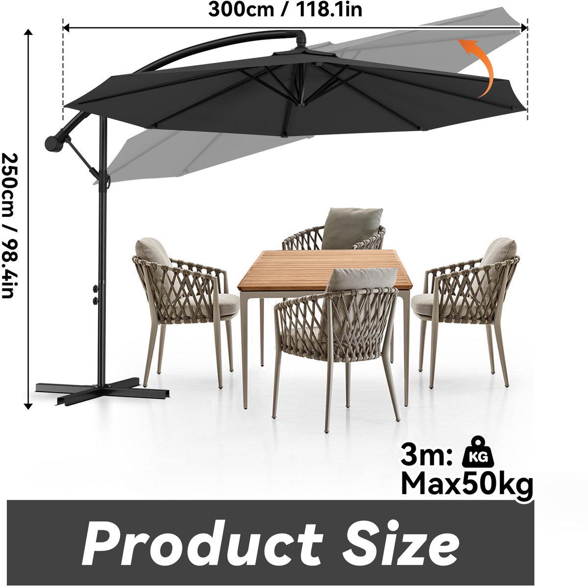 Zweefparasol Ø300 cm - Aluminium Parasol Kantelbaar 360° Draaibaar - Hangparasol met Kurbel UV-bestendig Waterafstotend - Tuinparasol Zonder Middenpaal - Donkergrijs – foto 3