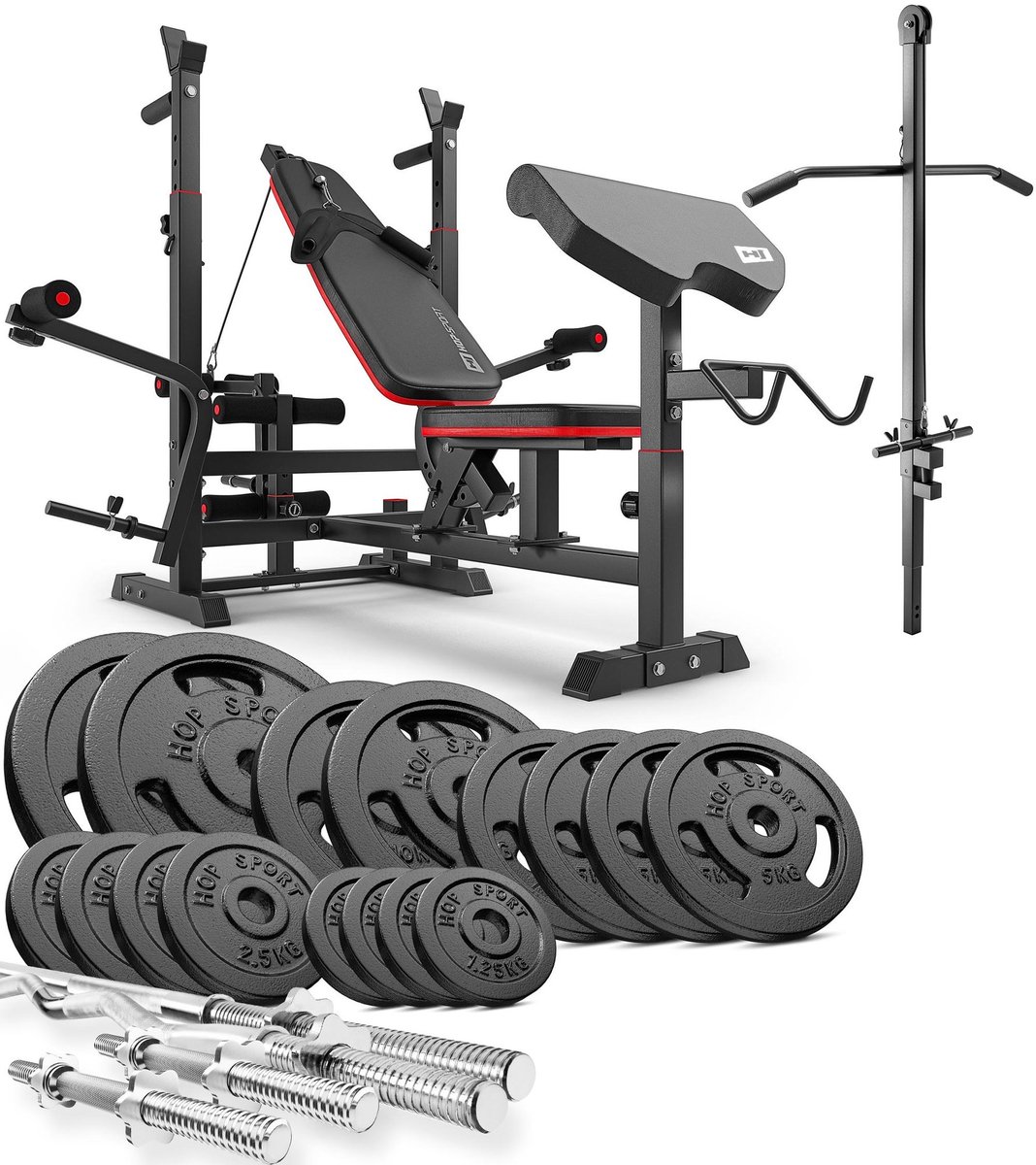Hop-Sport HS-1075 – Halterbank Set – Gietijzeren Halterset 116 kg – Met Lat Pulldown – Krachttraining Thuis