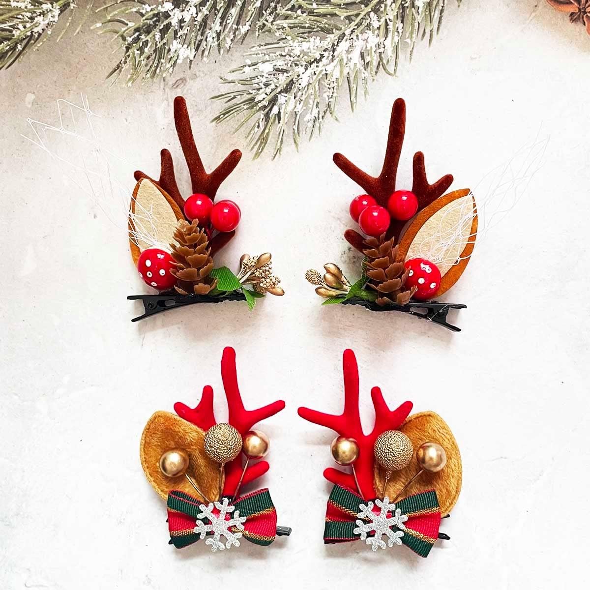 2 Paar Kerst Haarspeldjes met Gewei, Strik en Sneeuwvlok Decoratie voor Feestdagen
