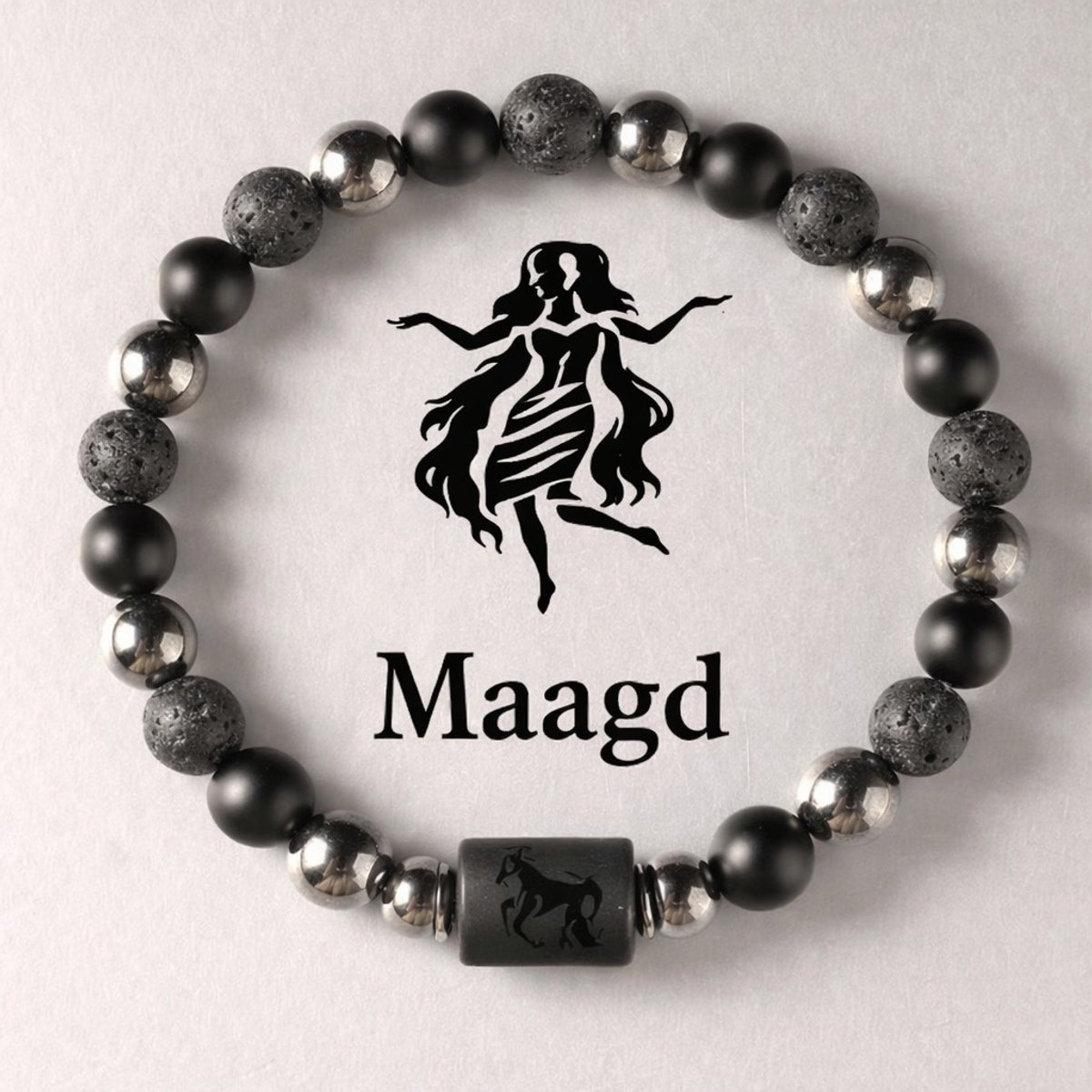 S4H Sterrenbeeld Armband Maagd 18 cm – 8mm Kralen – Lavasteen, Mat Zwarte Agaat & Hematiet – Unisex