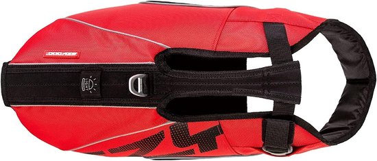 Rood zwemvest voor honden, detailopname met zwarte banden en reflecterende strepen.