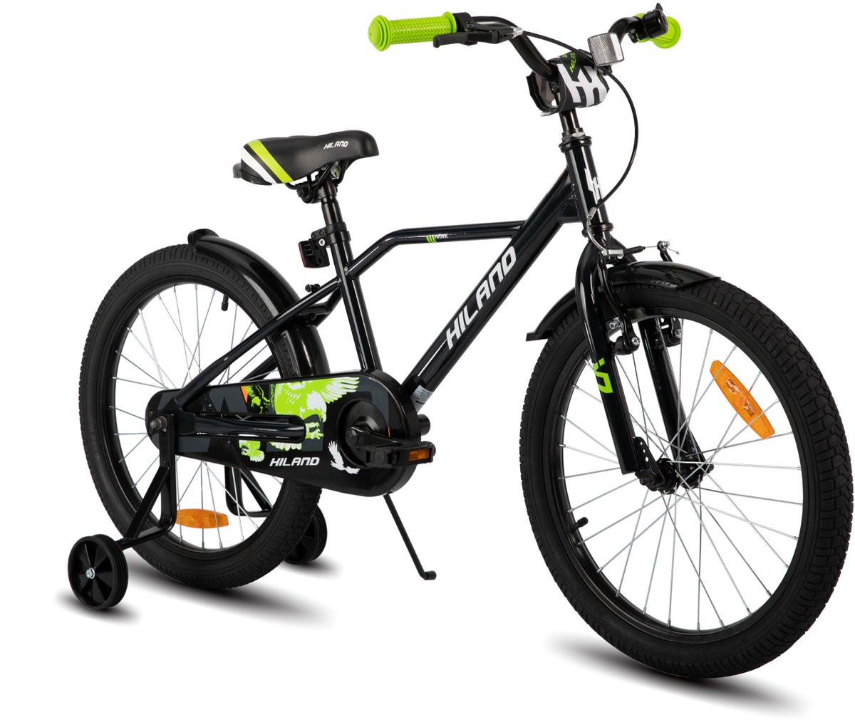 Hiland Stoere Jongensfiets 20 Inch Met Zijwieltjes & Standaard Handrem & Terugtraprem Zwart Groen
