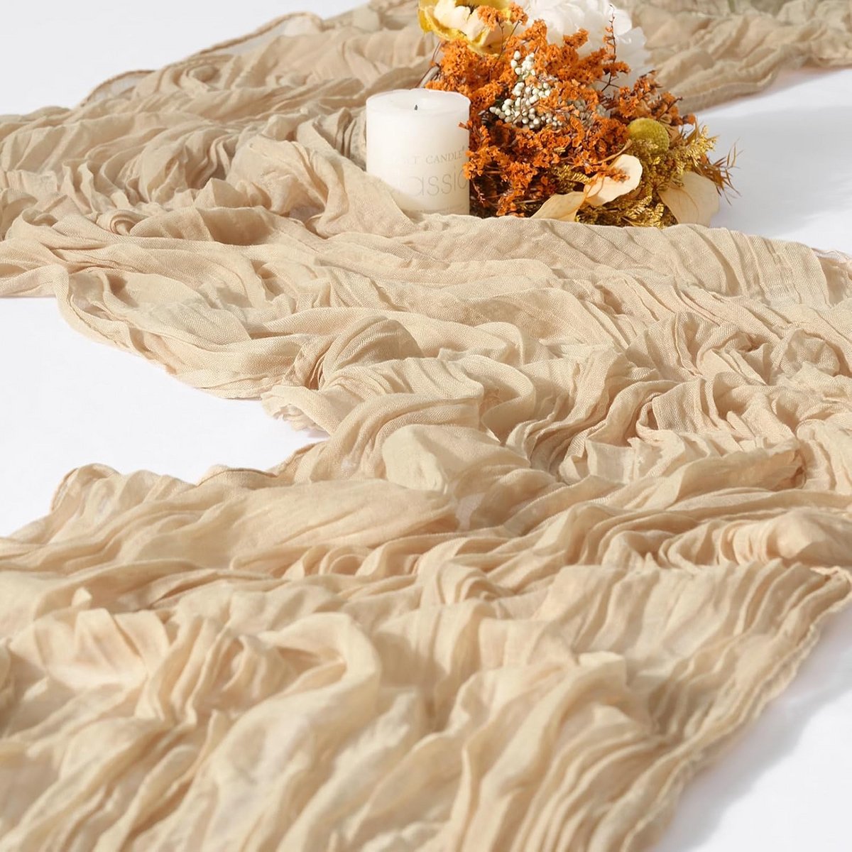 12x Beige Gaas Tafelloper 55x300 cm voor Bruiloft en Feestdecoratie