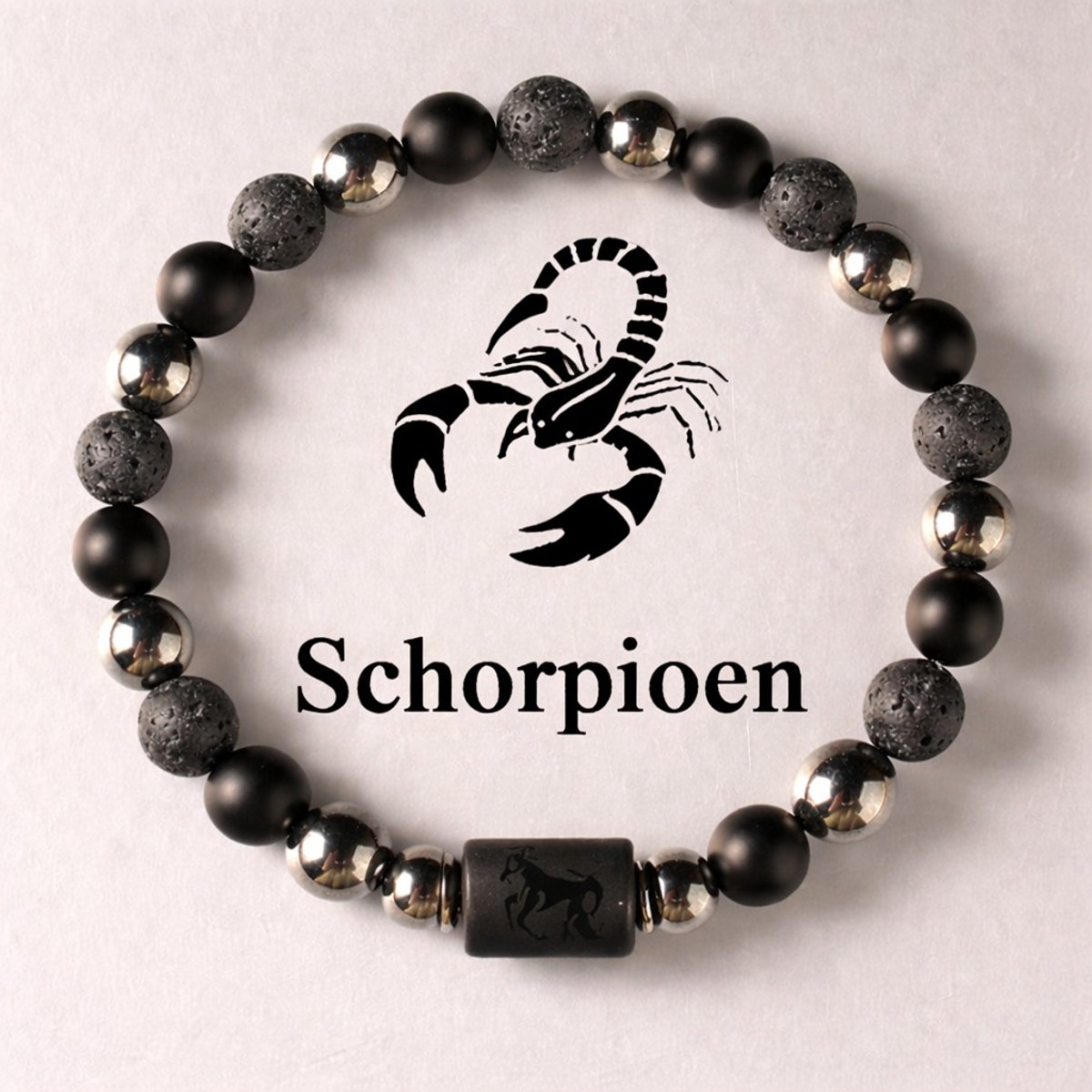 S4H Sterrenbeeld Armband Schorpioen 18 cm – 8mm Kralen – Lavasteen, Mat Zwarte Agaat & Hematiet – Unisex