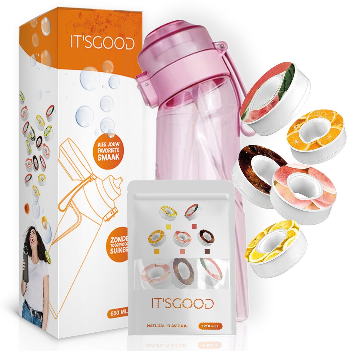 It'sgood - Geurwater Drinkfles - ROZE - Geur Waterfles - Fruit Flavors – Drink Up & Breathe the Air of Taste - Geurwater Drinkfles - Inclusief 5 Pods - 650 ml - Tritan - BPA-vrij - Starterskit - Start Up Set - Starterset - Aromacapsules 0 suiker