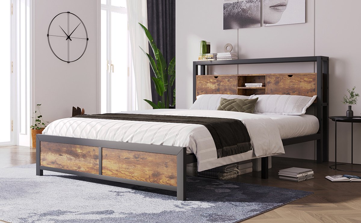 REDOM Bedframe 140x200 cm van metaal & MDF – Met opberg-hoofdbord en ruimte onder bed – Natural Natuurlijk