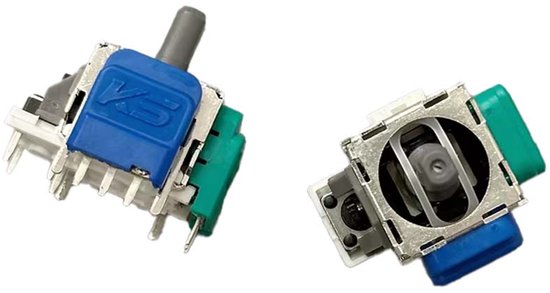 Twee K-Zilver joystickmodules, één met blauwe en groene behuizing, de andere met grijze thumbstick.