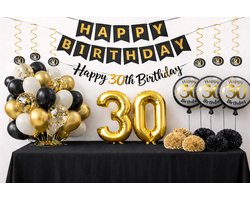 Partybox pakket set verjaardag versiering/decoratie/feest dertig 30 jaar ballonen slingers happy birthday goud zwart