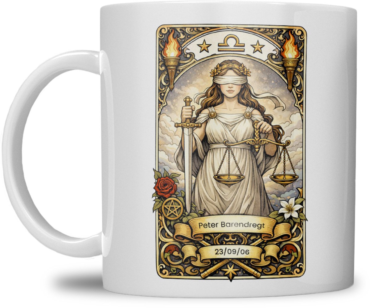 Sterrenbeeld mok - Weegschaal - Wit - Tarot mok - Gepersonaliseerd met naam en datum