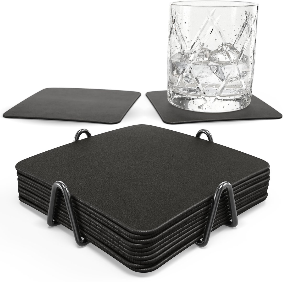 Castagnola Kunstlederen Onderzetters – Onderzetters voor Glazen – Design Onderzetters met Houder – Leren Onderzettersset met metalen houder – Leder – Set van 10 - Zwart - 10x10cm