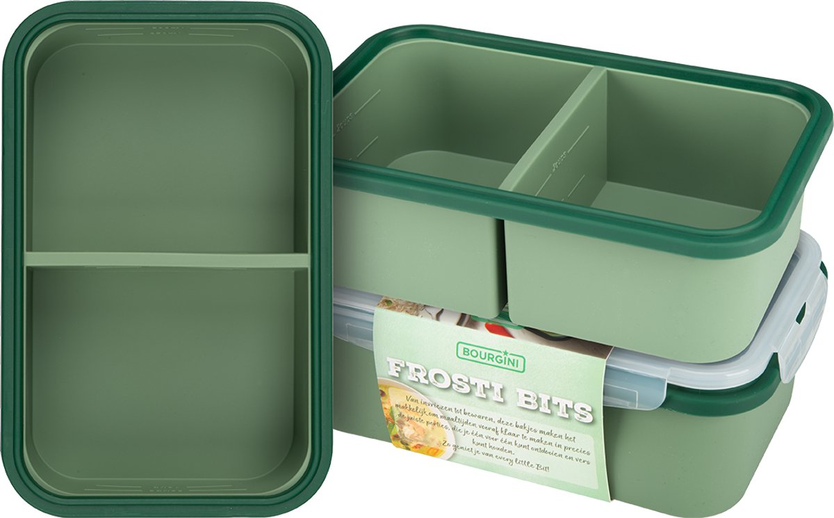 Bourgini Frosti Bits – Diepvriesbakjes set – 3 Siliconen Meal Prep Bakjes – 2 Vakken per Bakje (2 x 650ml) – Voordeelset– Lekvrij – BPA-vrij