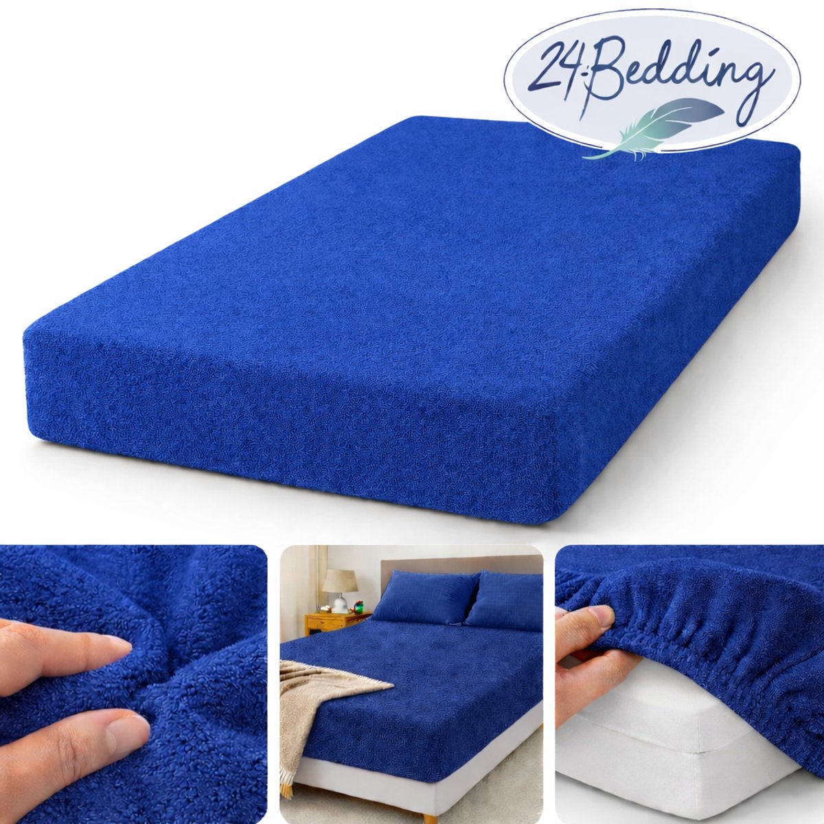 24-Bedding - 2 stuks !! - Badstof Hoeslaken - Extra Zwaar - 180 gr/m2 - 90x210 cm - royal Blauw - 30 cm