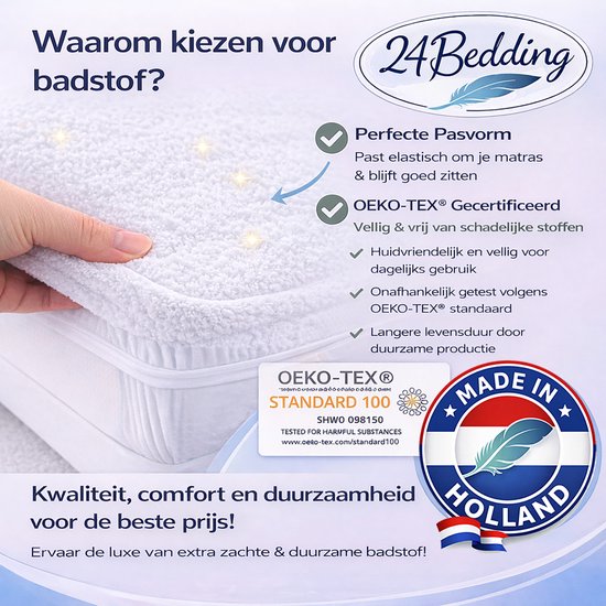 Wit badstof hoeslaken van 24Bedding met OEKO-TEX® Standard 100 certificering. Gemaakt in Holland.