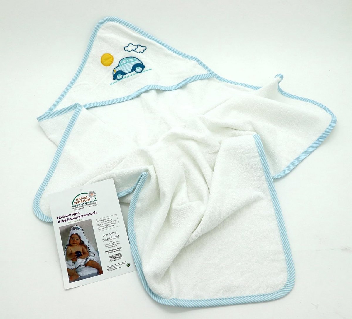 Zachte Baby Handdoek met Capuchon 75x75 cm - Katoen met Auto Borduring - Huidvriendelijk