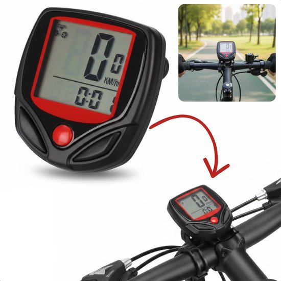 Zwart met rode fietscomputer met digitaal scherm, 0 km/u en 0:0. Ook gemonteerd op een fietsstuur.