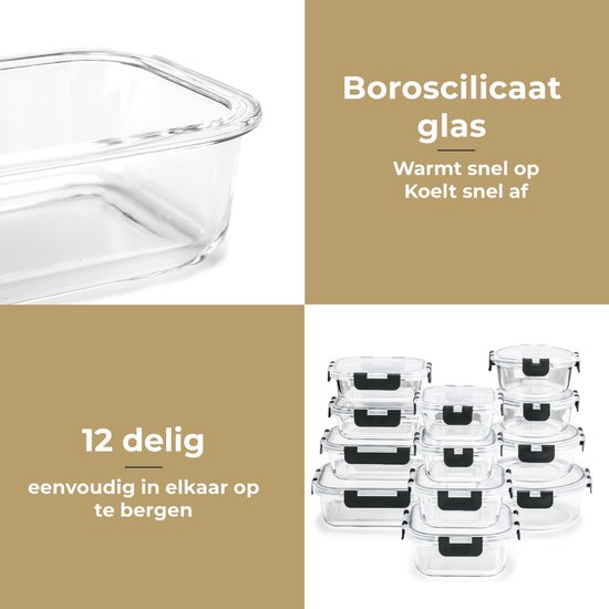 Stosh Vershoudbakjes - Meal Prep Bakjes - Diepvriesbakjes - Glas - 12 Stuks - BPA vrij