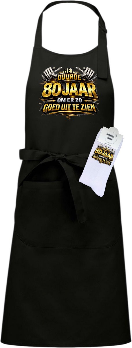 Keukenschort en sokken met tekst - Giftset - Goud het duurde 80 jaar - Moederdag - Vaderdag - Zwart - Verstelbaar - Cadeau idee - Verjaardag - Cadeau dames en heren - Liefste Opa en Oma cadeau - Kerst cadeau - Grappig cadeau - Onesize