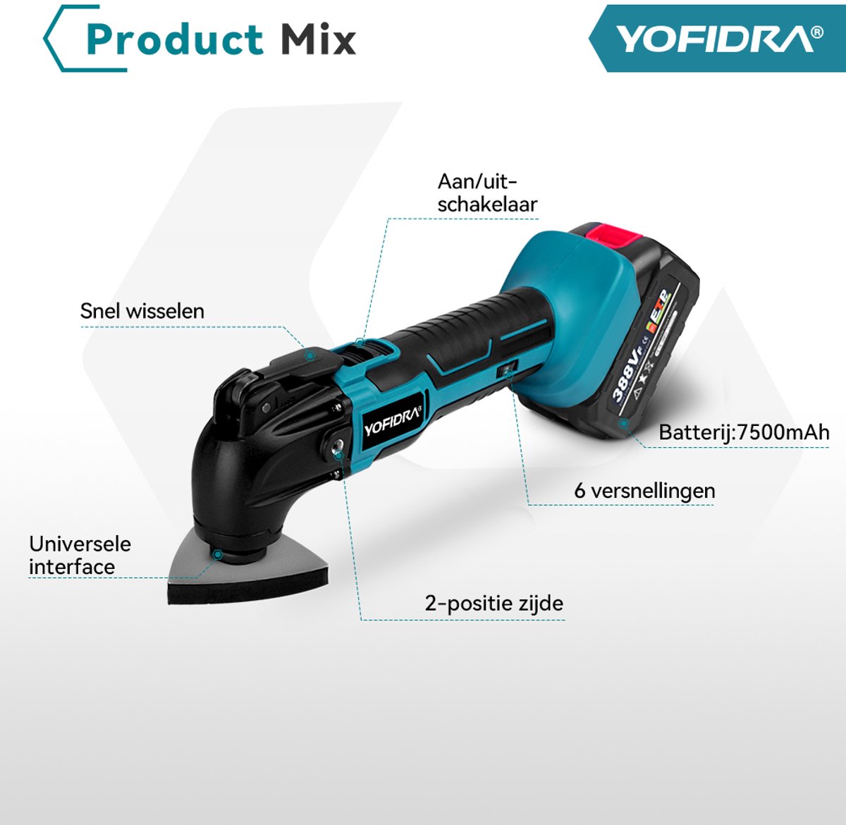 Yofidra Oscillerende Multitool - met 2x 3.0Ah Accu’s & 42x accessoires - Professional Accu Multitool - 4° oscillatiehoek - voor snijden, slijpen, polijsten thumbnail 4
