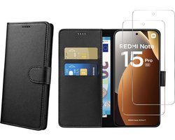 Coque pour Xiaomi Redmi Note 15 Pro 5G et 2 Verres Trempé - Portefeuille Noir Rabat Clapet Aimanté Rangement Cartes Phonillico®