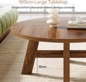 Detail van een ronde salontafel van 100cm met walnootafwerking en een hoogte van 15cm onder de tafel.