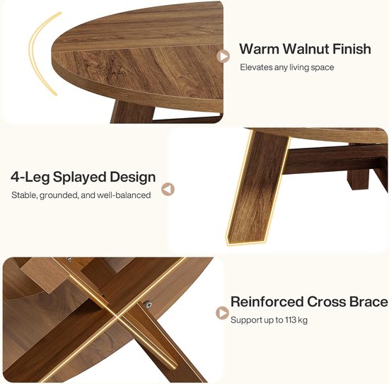 Ronde salontafel met warme walnootkleur, schuine 4-poots ontwerp en versterkte kruissteun.