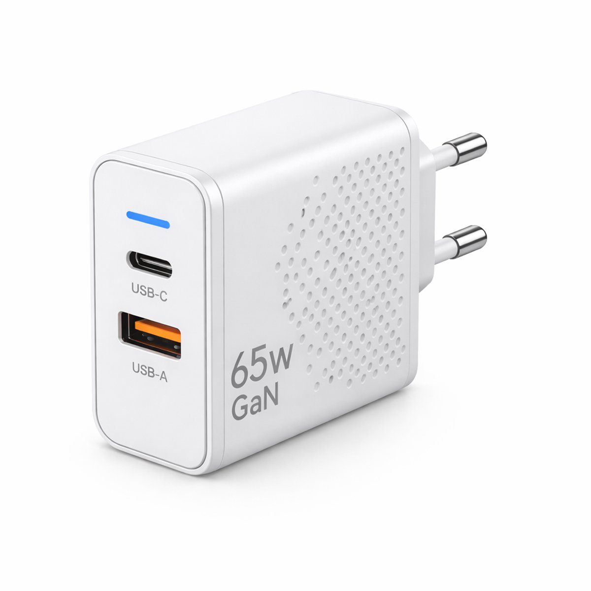 Gmedia USB-C Oplader 65W – 2-Poorts Snellader met USB-C PD & USB-A QC 3.0 – Krachtige Universele Adapter voor Telefoon, Tablet & Laptop - Wit