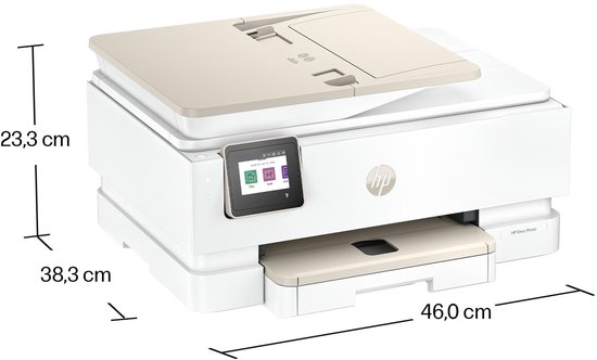 Witte HP Envy Photo printer met beige details, met afmetingen aangegeven in cm.
