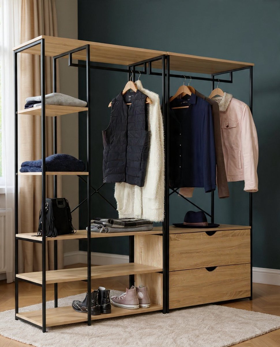 Modulaire inloopkast met dubbele kledingkast, planken en 2 lades, 170 cm breed, industrieel design DETROIT - Casa Serena – 170 cm – Casa Dorada